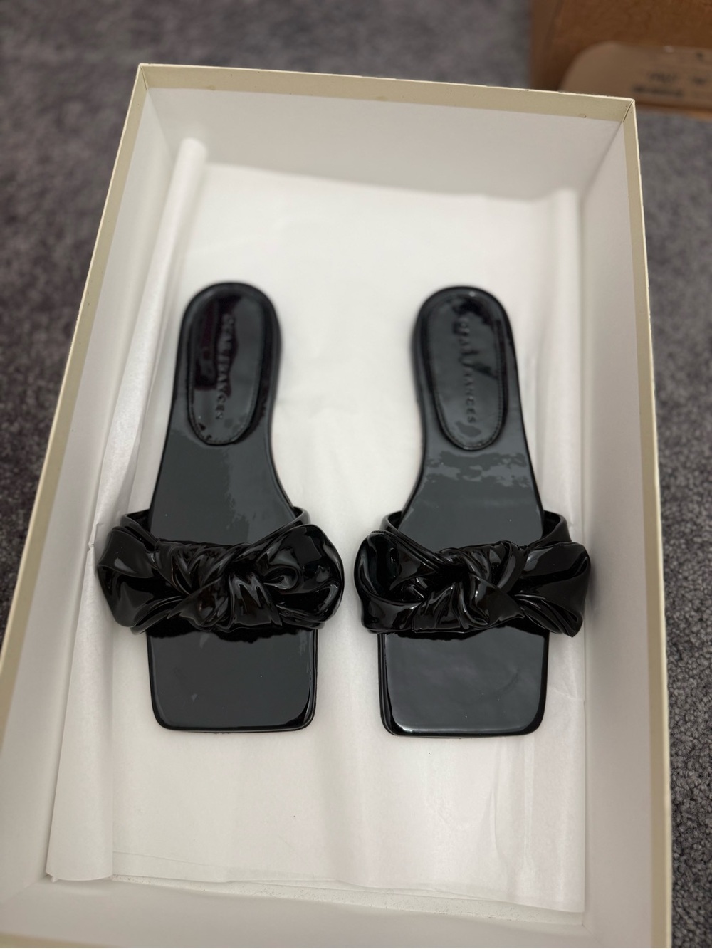 Dear Frances Black Knotted Patent Slide Sandals